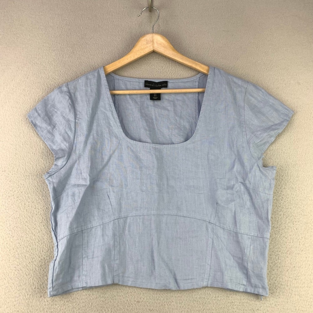 House of Harlow Linen Crop Top Women L Blue Square Neck Short Sleeve Beach